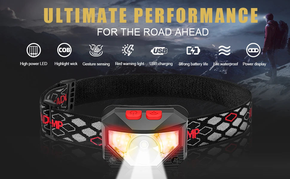 8 Modes Motion Sensor XPE+COB LED Headlamp Flashlight USB Rechargeable Waterproof Camping Head lamp Running Fishing headlight